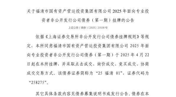 七星策略 上交所：福清市国有资产营运投资集团有限公司债券4月22日挂牌，代码258275